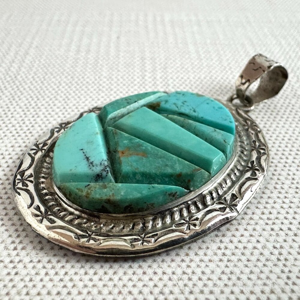 Native American Navajo Cobblestone Pendant Sterling Silver with Stamp Work